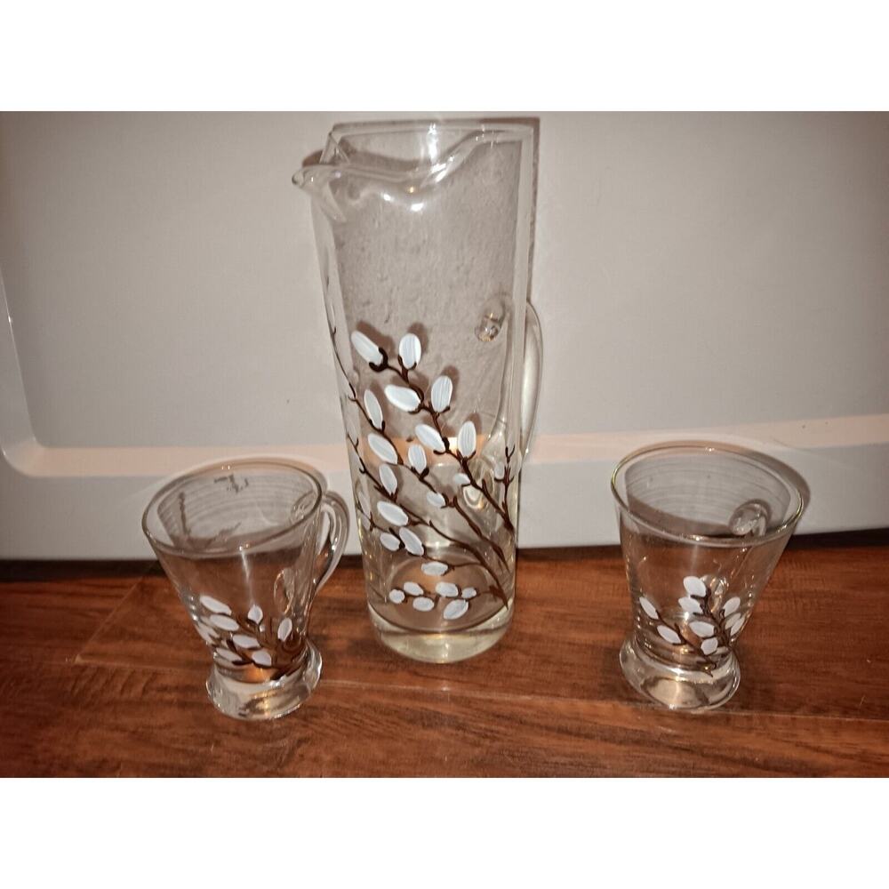 Handpainted Pitcher And 2 Cups No Chips In Great Condition Nice Little Set